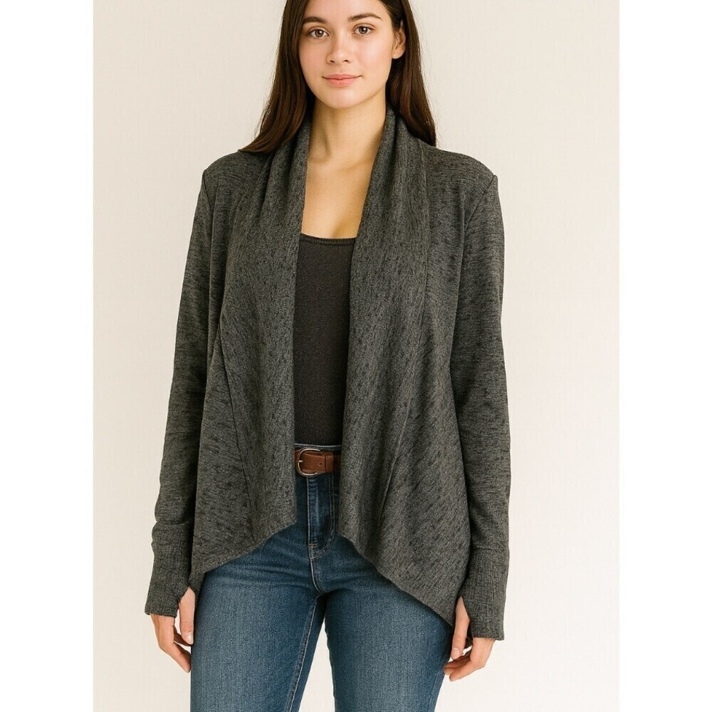 Athleta sweatshirt cardigan open front gray pockets thumb holes POCKETS Sz Xs